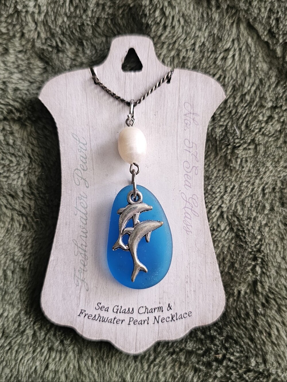 Freshwater Pearl & Blue Sea Glass Dolphin Pendant Silver Necklace